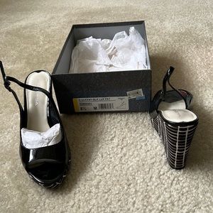 Via Spiga black patent luxury wedge sandal